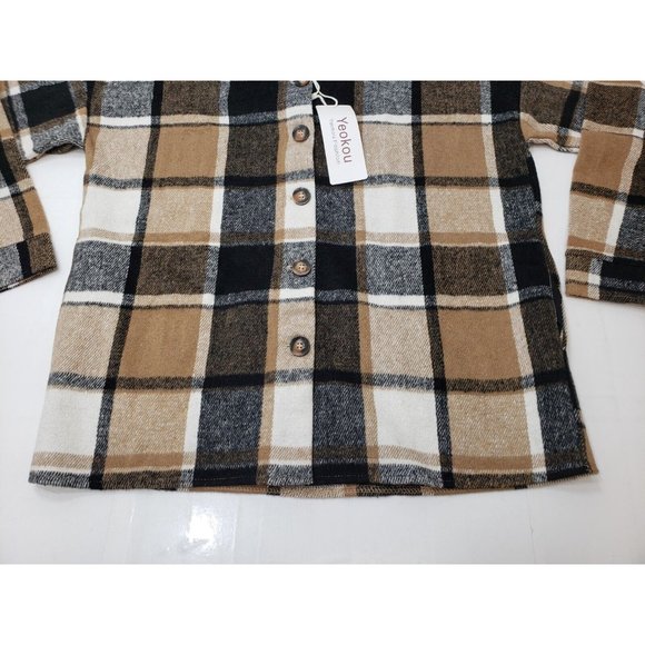 Yeokou Women's Jacket Shacket Button Up Long Sleeve Brown Plaid Size S NWT - Picture 3 of 10